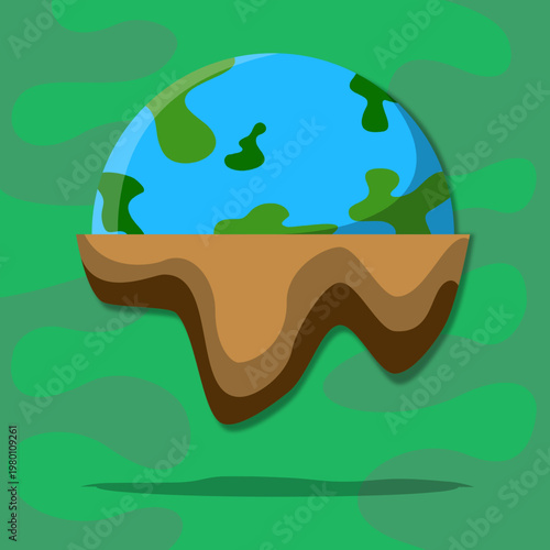 Flat design illustration of planet Earth with dripping brown mud or soil on a green background. Concept of global warming, nature, or environment.