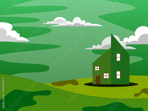 Minimalist flat vector illustration of a green house on a grassy hill with sky and clouds. Eco-friendly real estate, rural landscape, or nature concept.