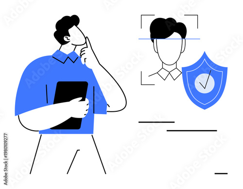 Identity authentication, cybersecurity tools, digital privacy, online safety, personal data protection, facial recognition. Person holding a tablet next to a digital shield and profile. Identity