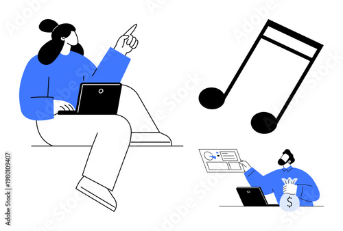 Music production, digital economy, online learning, creative development, financial success, technology reliance. Person on a laptop, large musical note man with a laptop and money bag. Music