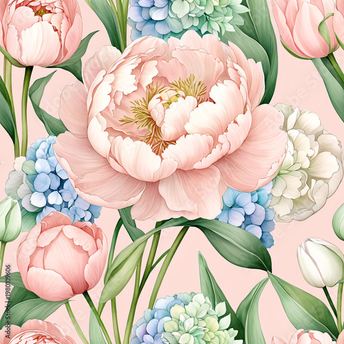 Pink peonies and blue hydrangeas bloom on a pale pink background. Soft watercolor details form a romantic, seamless floral pattern ideal for textiles or wallpaper. One tile