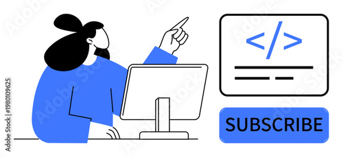 Online education, coding classes, app development, content subscription, e-learning tools, programming skills. Woman at computer pointing to coding symbol and subscribe button. Online education