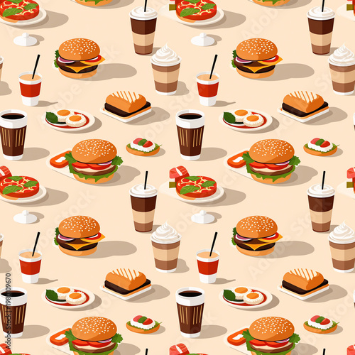 A repeating pattern of burgers, sandwiches, coffee cups, and milkshakes on a light peach background with bold colors, clean lines, and simple shapes. Seamless pattern, four tiles