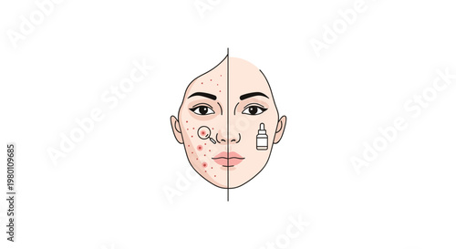 Split facial portrait illustrating skin inflammation on one side and a serum bottle application on the other side with a clean minimalist color palette.