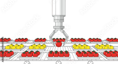 Precision robotic arm selecting a single ripe red tomato from a busy conveyor belt filled with trays of fresh vegetables in a high tech factory setting.