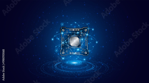 Microchip processor technology with circuit board for data processing. Concept of microchip or computer CPU.
