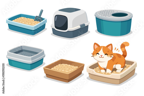 Collection of Various Cat Litter Box Types Including Hooded, Open, Sifting, and Top-Entry Designs with a Cute Ginger Cat Using One, Flat Vector Illustration for Pet Care and Hygiene Supplies.