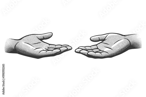 Halftone Illustration of Two Hands Reaching Out to Each Other, Vintage Monochrome Vector Graphic of Palms in Gestures of Giving, Receiving, Support, and Connection on a White Background.