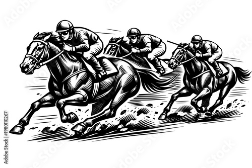Dynamic black and white vector illustration of a horse racing competition with jockeys on galloping horses in a classic engraving style, perfect for equestrian sports, derby events, and betting.