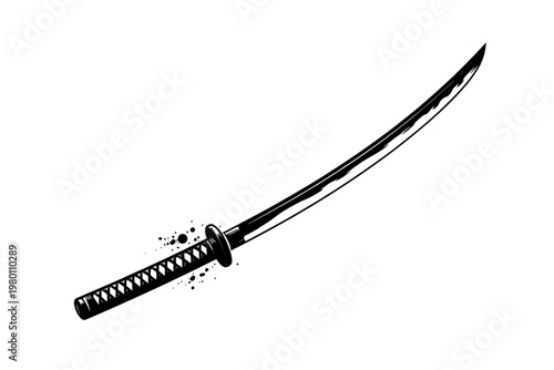 Minimalist katana ink illustration in high contrast black and white, traditional Japanese samurai sword with sharp blade and detailed hilt, vector art for graphic design and martial arts projects.