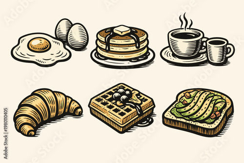 Vintage woodcut style breakfast and brunch food collection featuring hand-drawn illustrations of fried eggs, pancakes with syrup, coffee, croissant, waffle with berries, and avocado toast.