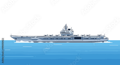 A large gray aircraft carrier sails across blue water with several small planes parked on its long flat deck against a clean and bright white background.