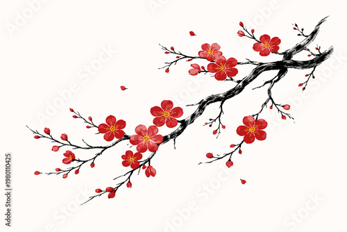 Traditional Asian Ink Painting of Blooming Plum Blossom Branch with Vibrant Red Flowers and Delicate Buds, Isolated on White Background, Japanese Chinese and Korean Style Floral Vector Illustration