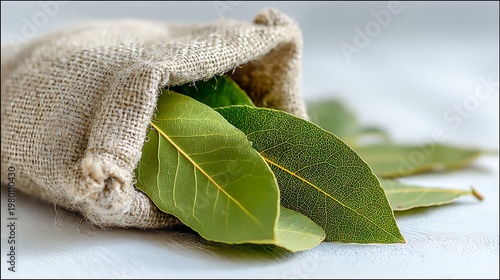 A burlap bag filled with fresh bay leaves on a white surface