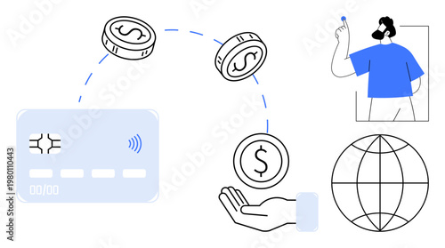 Digital transactions, fintech, online banking, global trade, cashless payments, modern finance. Stylized icons of a card, coins globe and a user. Fintech and online banking concept