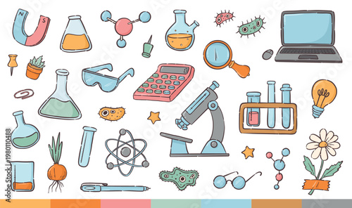 Science doodles, chemistry cartoon elements collection for prints, cards, posters, banners, stickers, stationery decor, etc. EPS 10