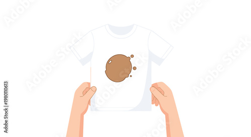 Two steady hands display a clean white t-shirt featuring a large brown circular stain prominently centered in a bright and sterile minimalist graphic design.