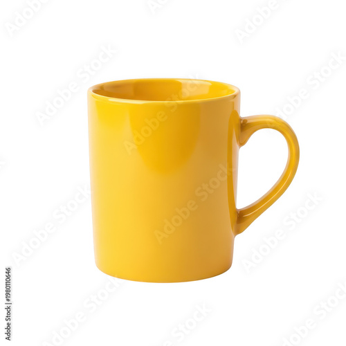 A bright yellow ceramic mug with a simple handle design, Png