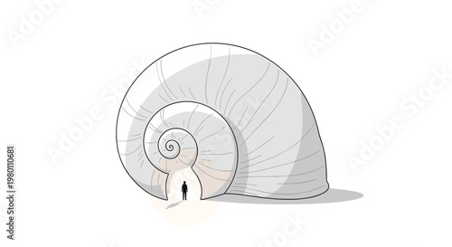Small human figure stands before the arched entrance of a giant white spiral shell while warm golden light emanates from the interior in a clean design.