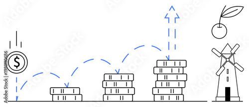 Financial planning, investment strategy, economic growth, sustainability, business development, renewable energy. Stacks of coins with arrows and a windmill icon. Financial planning and economic