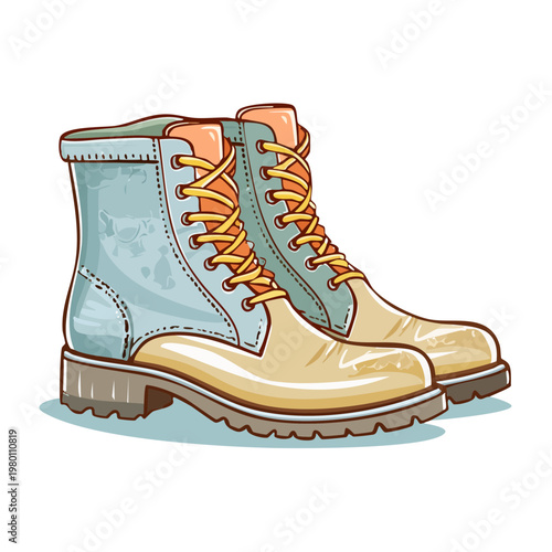 Stylish light blue and beige hiking boots with orange laces and thick soles