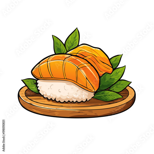 Delicious Salmon Nigiri Sushi with Fresh Green Leaves on Wooden Plate