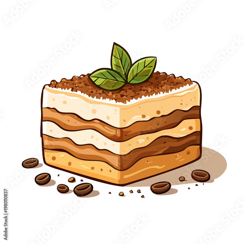 Delicious Tiramisu Slice Decorated with Fresh Mint Leaves and Coffee Beans