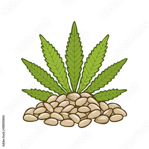 Cannabis leaf emblem with pile of hemp seeds symbol for natural product and health