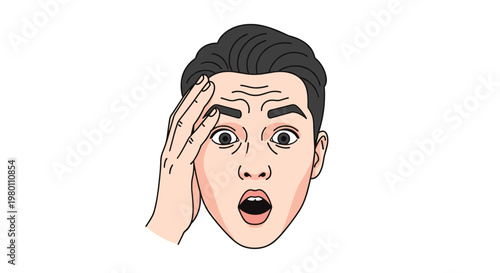 Close-up illustration of a man's face captures a shocked expression with his hand touching his forehead in a clear and expressive minimalist art style.