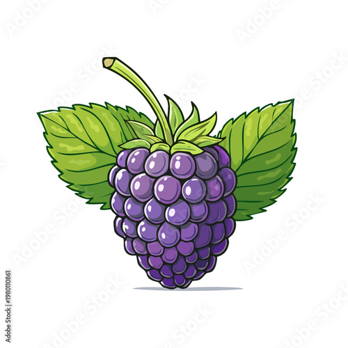 Vibrant Cartoon Blackberry with Green Leaves Isolated on White Background