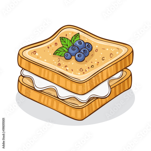 Toasted Sandwich With Cream Cheese and Blueberries Garnished with Mint Leaf