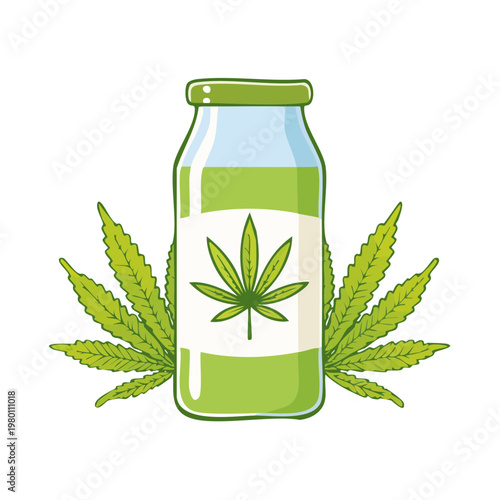 Green Cannabis Infused Beverage in Glass Bottle with Hemp Leaves