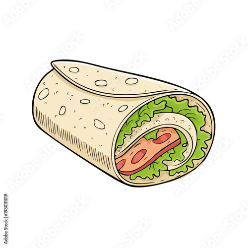 Delicious Hand Drawn Breakfast Burrito With Ham Lettuce And Cheese
