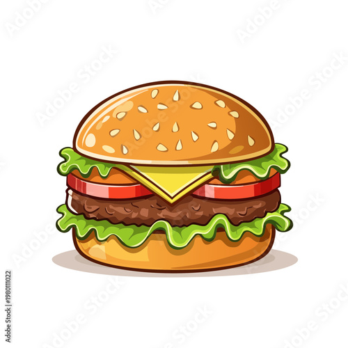 A delicious looking cartoon hamburger with sesame seed bun lettuce tomato and cheese