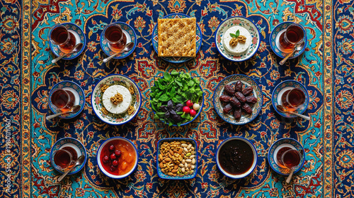 Flat lay, traditional Persian breakfast is laid out on a huge Persian carpet, with individual bowls and plates in the minakari style featuring bread, feta, fresh herbs, dates, and jams