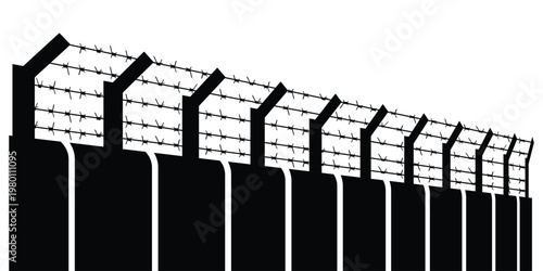 Long Barbed Wire Spiky Fence Silhouette Black and White Outline Line. High Security Barbed Wire Fence Silhouette.