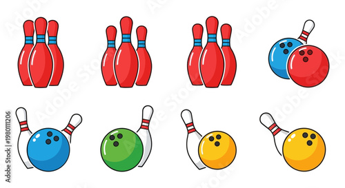 Bowling Pins and Balls Collection, Sports Game Icons, Vector Illustration