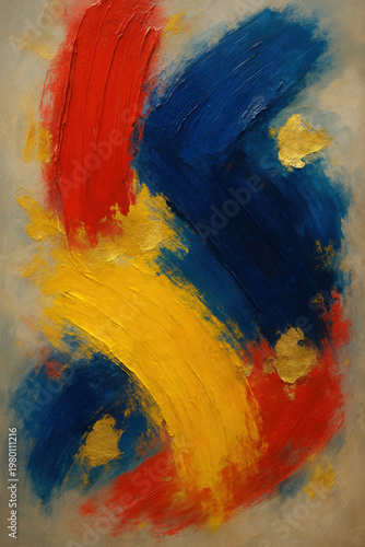 Abstract painting, canvas, oil. Thick impasto swirls of red, blue and yellow carve a dynamic field against a soft gray background