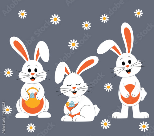 Three cartoon white bunnies with orange ears holding easter eggs in baskets surrounded by daisies on a grey background