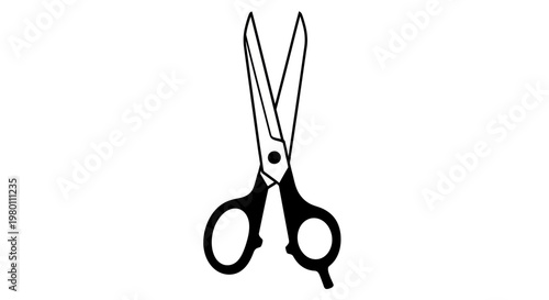 Open professional scissors with black handles on a white background, illustration