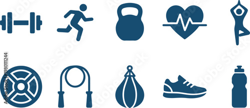 A collection of fitness icons in blue