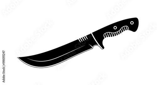 Black Silhouette of a Hunting Knife with Serrated Handle on White Background
