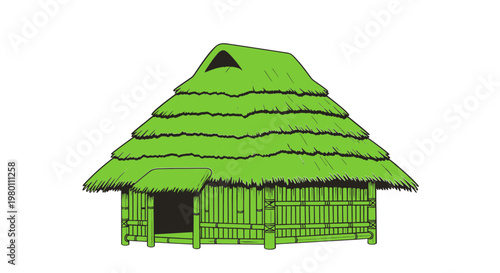 Traditional Thatched Hut with Bamboo Walls, Tropical Dwelling Illustration