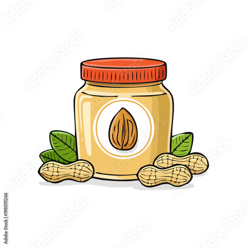 Jar of peanut butter with peanuts and leaves illustration