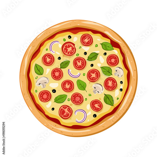 Delicious overhead view of a whole pizza with fresh toppings and golden crust