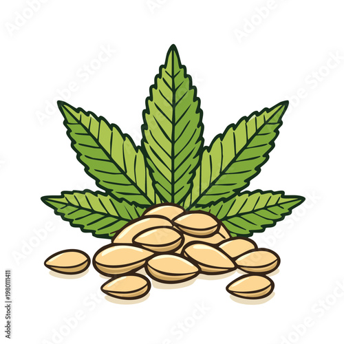 Green Cannabis Leaf Symbol and Pile of Seeds Illustration