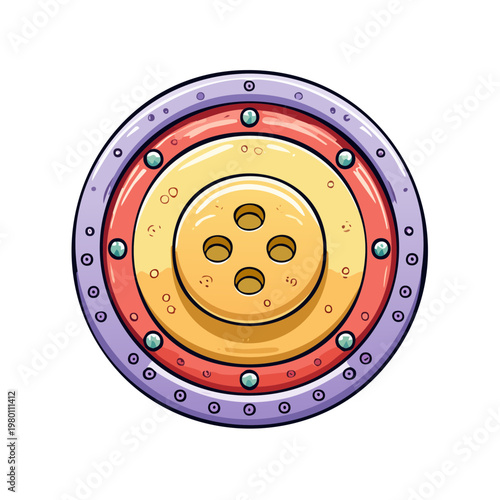 Whimsical Cartoon Style Round Shield with Four Holes in the Center