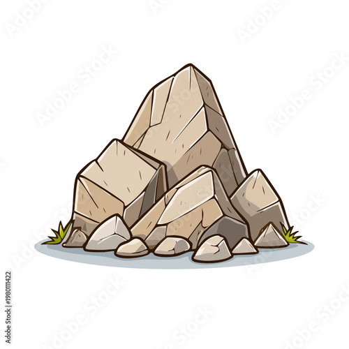 Cartoon style pile of rough jagged rocks and pebbles with grass elements