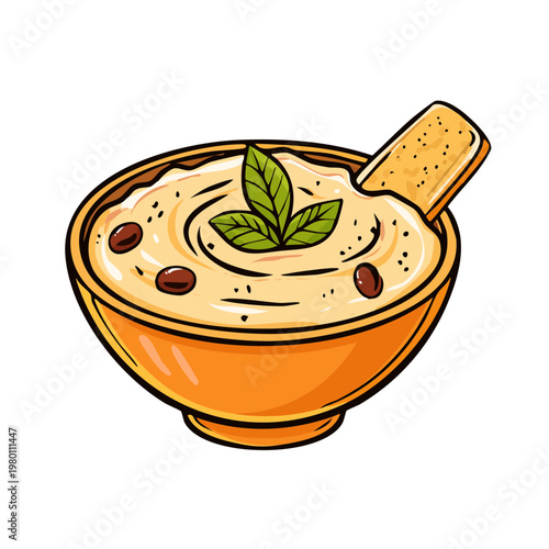 Delicious hummus in a bowl topped with fresh mint leaves and a pita chip garnish