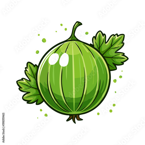 Vibrant green gooseberry with leaves and dew drops, illustration for healthy food and fresh ingredients